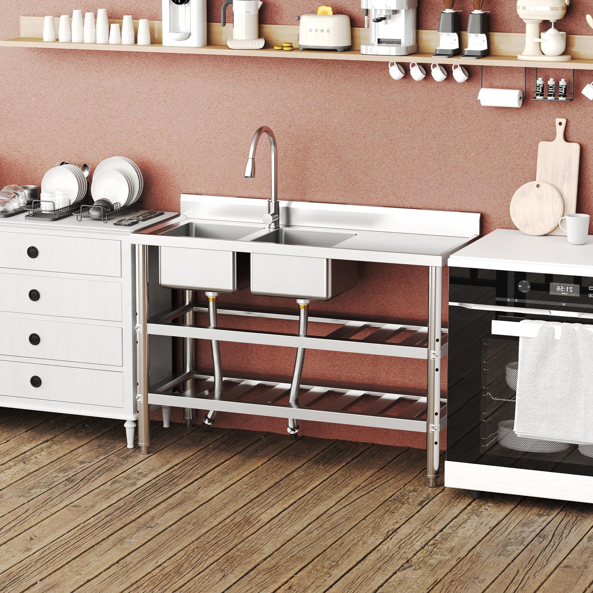 Stainless Steel Utility Sink - Commercial Double Bowl Kitchen Sink with Pull Out Faucet & Hot Cold Water Pipe