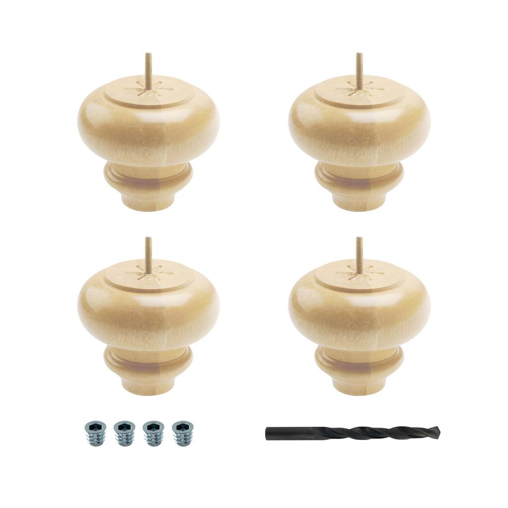 BUN88-UN 5-1/8 in. x 6 in. Unfinished Solid Hardwood Round Sofa Leg 4 Pack with 4 Free Insert Nuts and Drill Bit