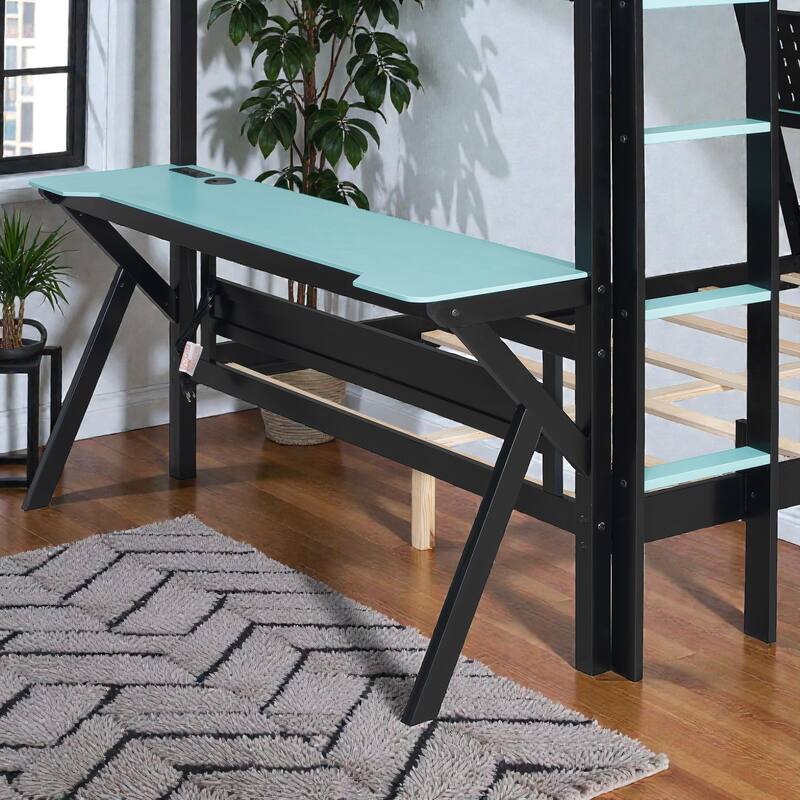 Twin/Full Gaming Bunk Bed with Dual Desks, USB Charging Ports and Pegboard Organizer, Gamer Bunk Frame