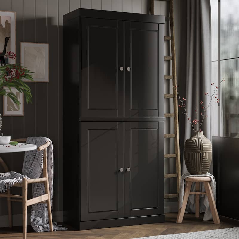 Palace Imports 100% Solid Wood Pantry Cabinet with Frosted, Clear Glass or Solid Doors and Adjustable Shelves - Black - Solid