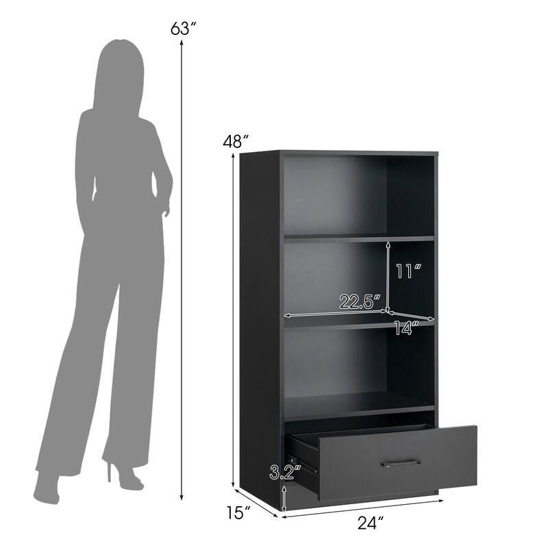 48 Inch Tall 4 Tiers Wood Bookcase with Drawer - 24" x 15" x 48"