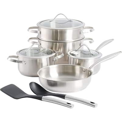 Aiden 10 Piece Brushed Stainless Steel Pots and Pans Cookware Set with Kitchen Tools