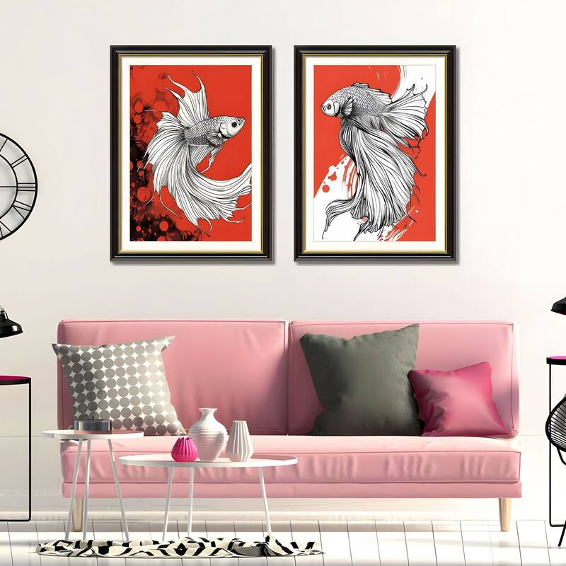 Set of 2 Betta Fish Canvas Wall Art - Interchangeable Prints with Solid Wood Frames, Modern Aquatic Artwork for Dining Room - Black