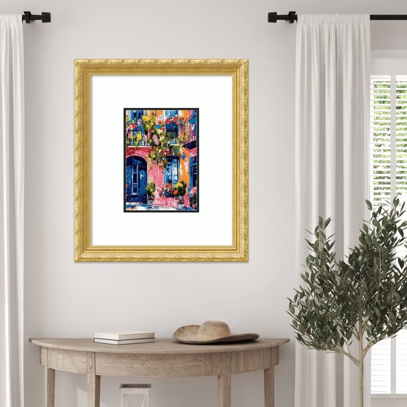 Pink Orange House Blue Door Flowers Impressionist Wood Framed Wall Art Print