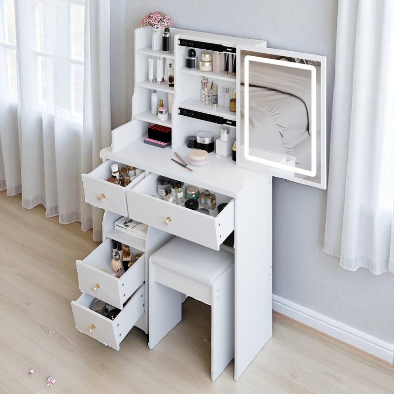 Small Vanity Desk with LED Mirror and Stool, 29.2" Dressing Table with Drawer and Adjustable Lighting
