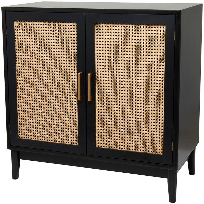 Wood 2 Door Cabinet with Beige Rattan Doors and Gold Handles - Light Brown or or Black - Roche River Decor - Black