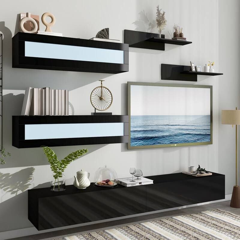 Floating TV Stand with 4 Storage & 2 Shelves, Modern High
