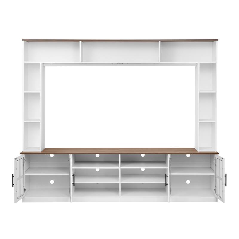 95.5" Extra Wide Media Wall Unit 6 Display Shelves + 2 Adjustable Cabinets, 10 Cable Holes