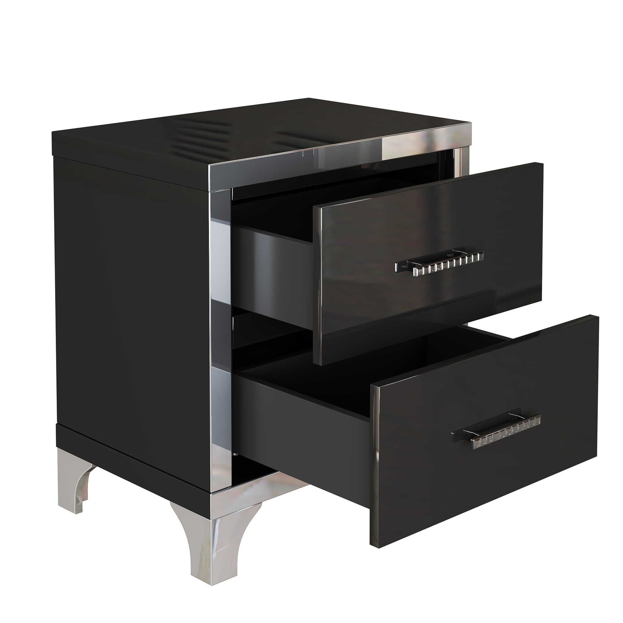 Elegant High Gloss Nightstand with Metal Handle Mirrored Bedside Table with 2 Drawers for Bedroom Living Room
