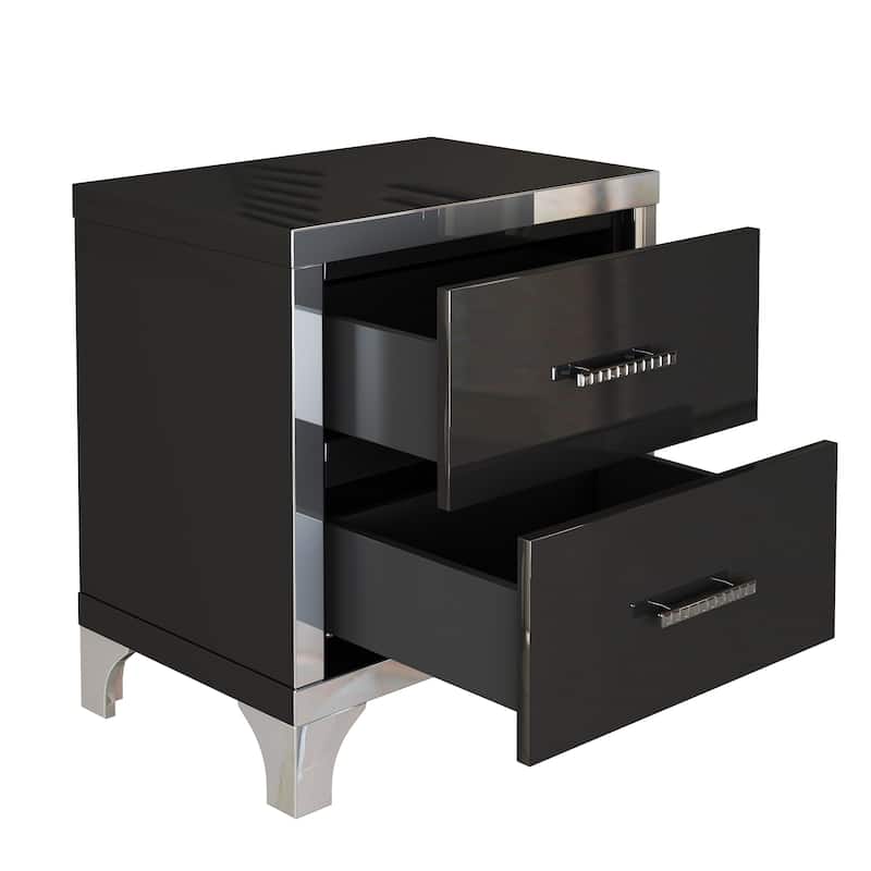 Mirrored Nightstand with 2 Drawers, Bedside Table with Metal Handle, Sofa Side Table with Mirrored Edge and Legs