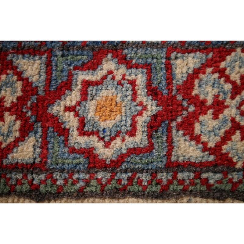 Geometric Kazak Foyer Rug Hand-Knotted Beige Wool Carpet - 1'11" x 2'11"