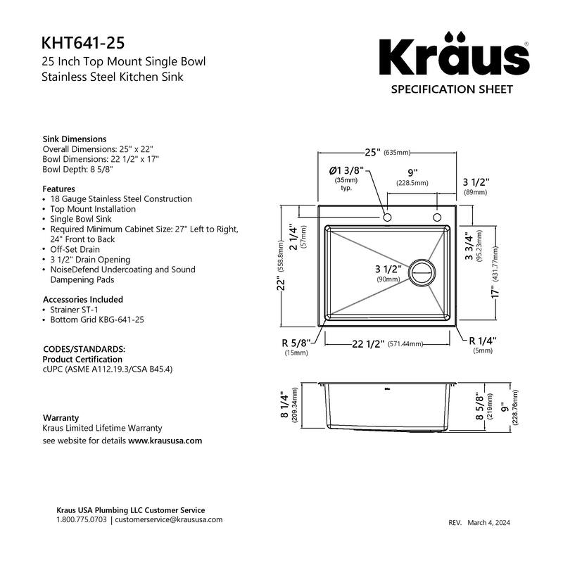 KRAUS Fairlane Drop In Top Mount 18 Gauge Stainless Steel Kitchen Sink