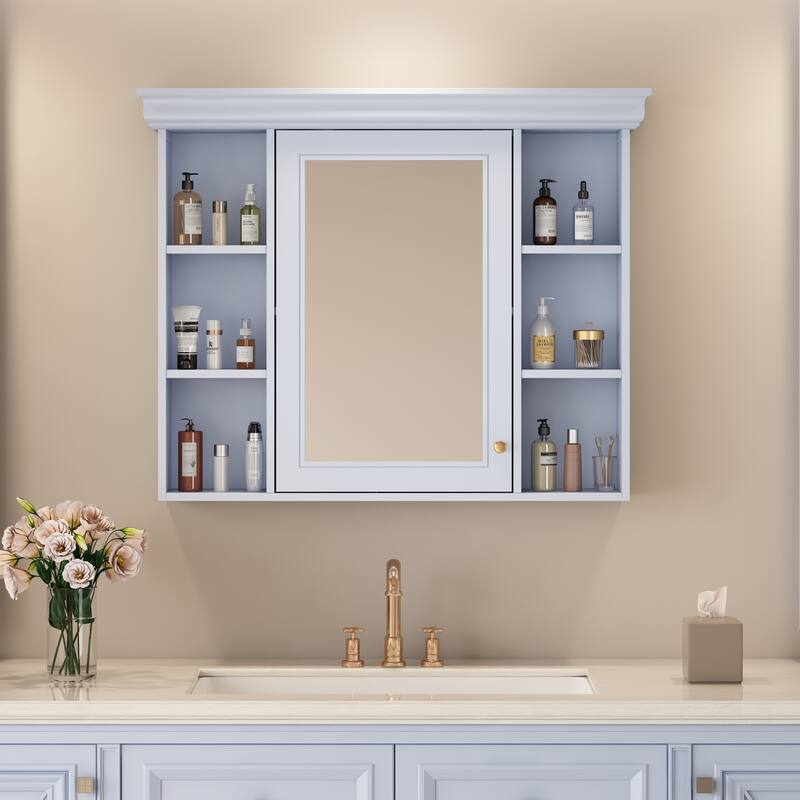 Modern Bathroom Wall Cabinet with Mirror,Medicine Cabinet with 6 Open Shelves - Blue