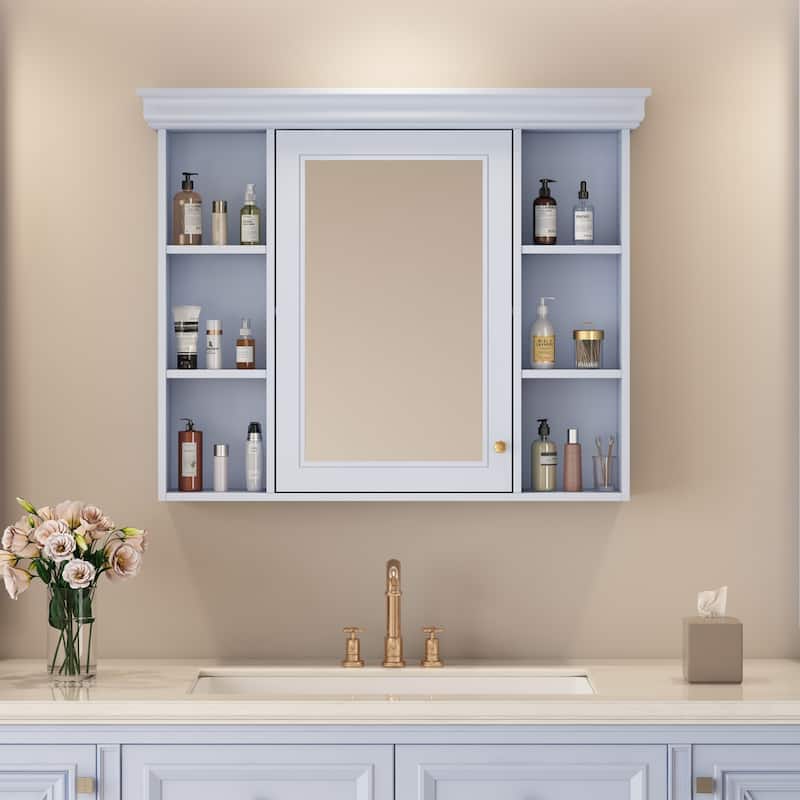 Modern Wall Mounted Bathroom Medicine Cabinet with Mirror Door & 6 Open Shelves - Blue Purple