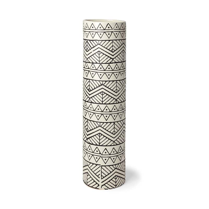 Uhura I Small Cream Black Patterned Cylindrical Vase - 4.7L x 4.7W x 16.5H - Cream