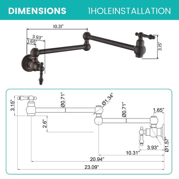 2-Handle Wall Mounted 180°horizontal rotation Pot Filler in Oil Rubbed ...