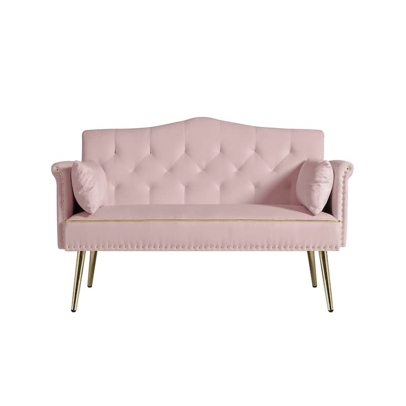 Velvet Loveseat Tufted Couch with 2 Pillow Upholstered Deep Seat Sofa Rivet Arm Lounge Couch Living Room 2 Seater Couch
