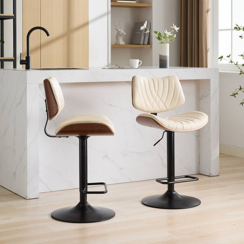 Mid-Century Modern Swivel Bar Stool - Walnut Finish & Faux Leather, Adjustable Counter Height