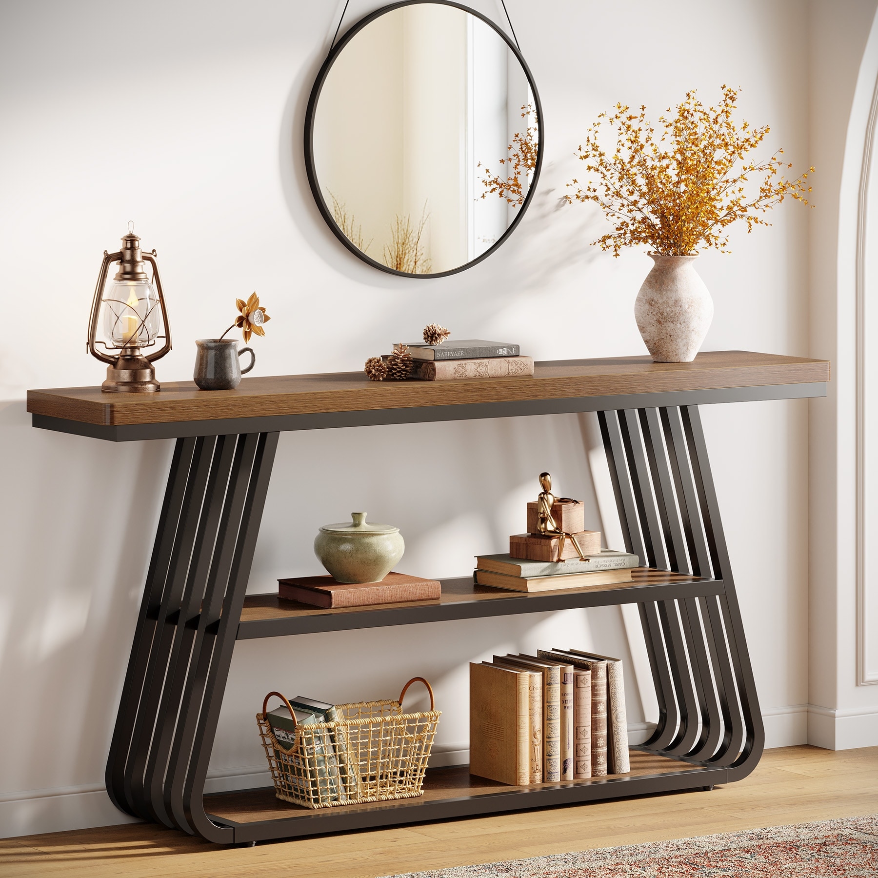 55" Long 3-Tier Industrial Entryway Table with Metal Frame