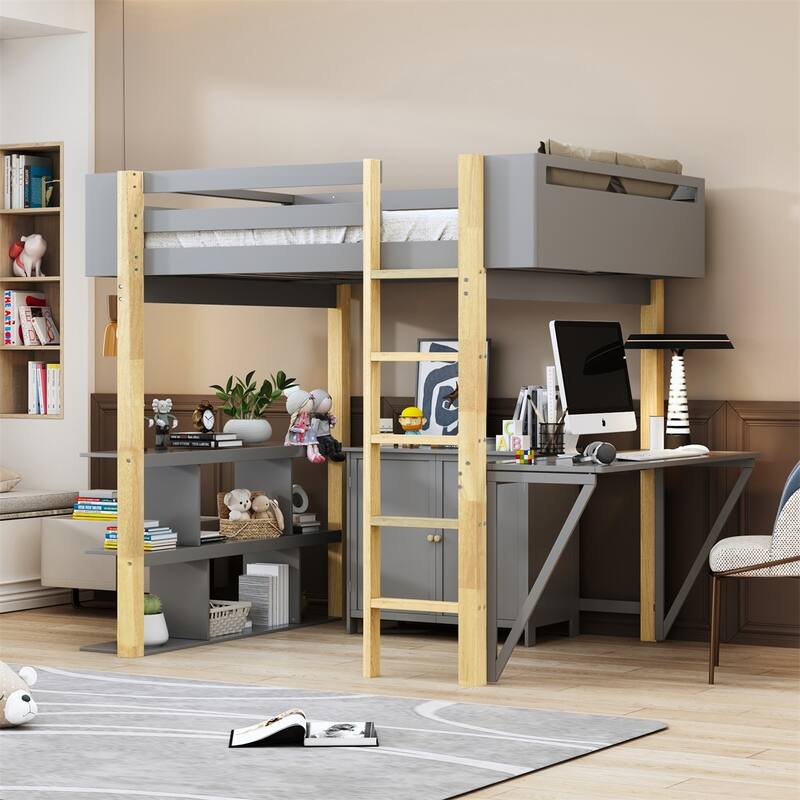 Merax Wood Loft Bed With Built-in Storage Cabinet and Shelves, Foldable desk - Grey - Twin