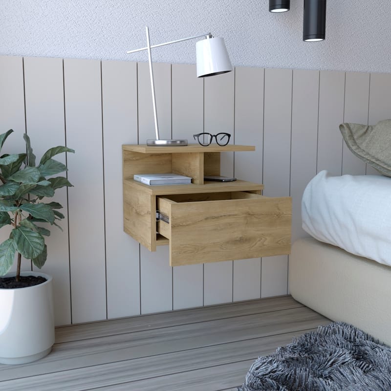 Floating Nightstand with Drawer and Open Shelves, Easy Assembly, Compact Design