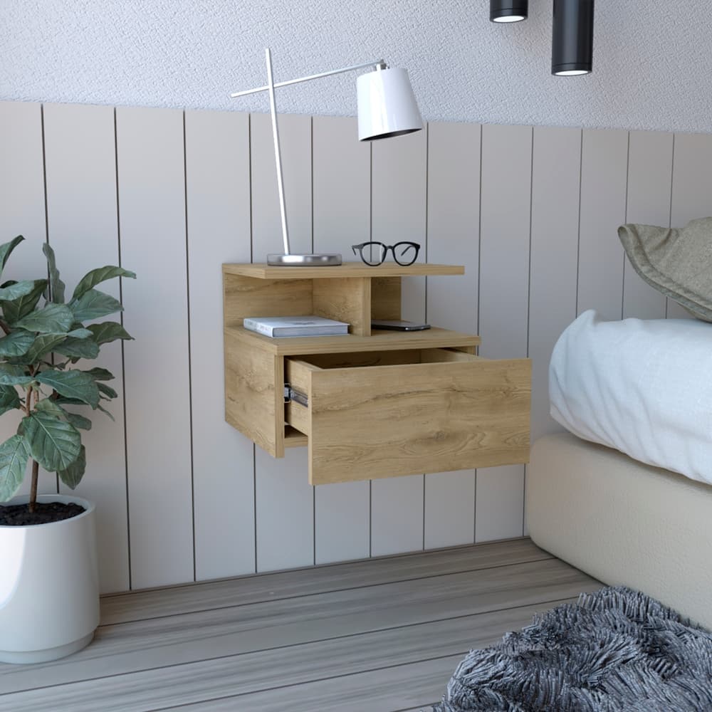 Wall-Mounted Nightstand with Drawer, Macadamia Finish