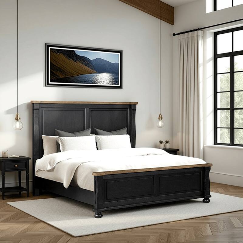 Ginie Queen Bed, Tall Headboard, Farmhouse Legs, Black, Oak Brown Wood