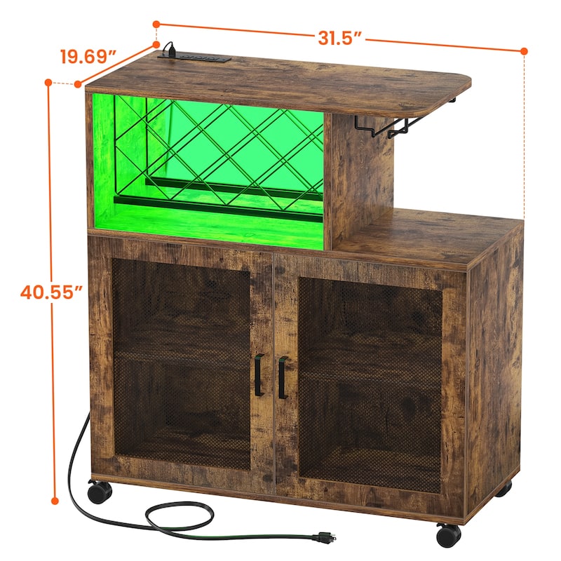 Bar Cart with Charge Station and LED Light, Rolling Home Bar Liquor Cabinet with Wine Holder - 31.5'' W