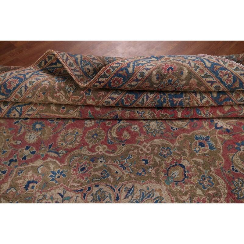 Traditional Pink Mashad Persian Vintage Rug Hand-Knotted Wool Carpet - 9'4" x 12'5"