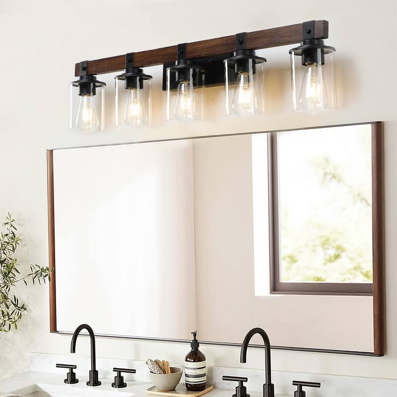 35" Rustic 5-Light Vanity Light, Industrial Bathroom Wall Sconce with Glass Shades and Wood Accent (No Bulbs) - Walnut