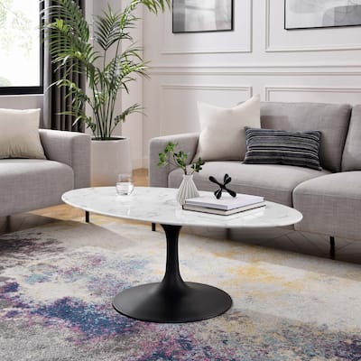 48" Oval-Shaped Artificial Marble Coffee Table, Black White