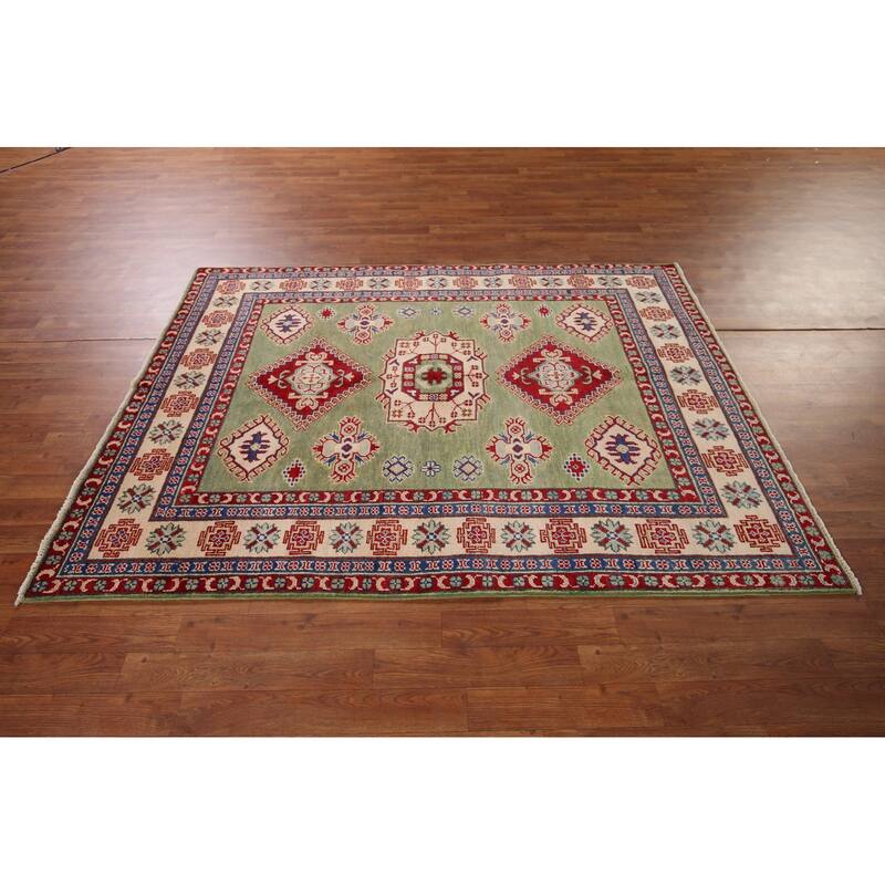 Green Geometric Kazak Area Rug Hand-Knotted Wool Carpet - 4'10" x 6'8"