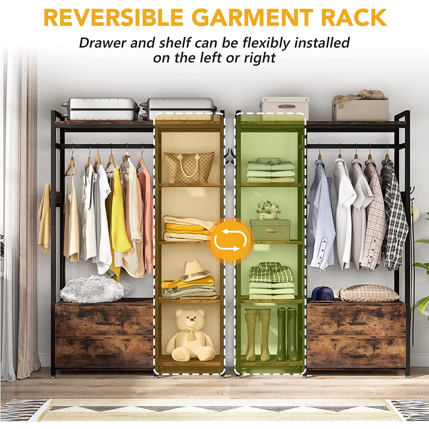 Freestanding Closet Organizer, Garment Rack with 2 Drawers & ShelvesGray in  2023