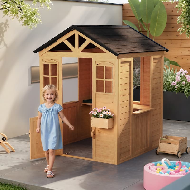Wooden Adventure Cottage Playhouse for Kids with Working Door, Windows, Service Station, and Flower Pot Holders