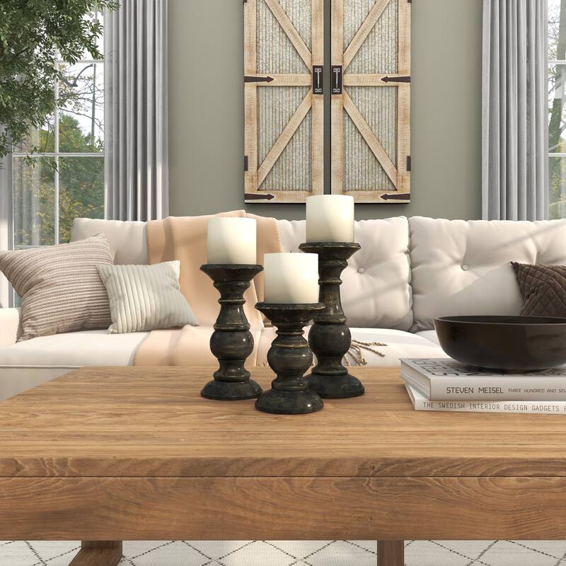 Mango Wood Distressed Turned Pillar Decorative Candle Holder - Set of 3 - Roche River Decor