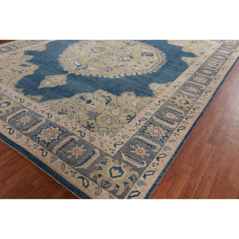 Hand Knotted Oriental 100% Wool Carpet Transitional Medallion Navy Blue & Blues Oushak Area Rug - 14' 9'' X 11' 10''