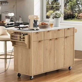 Fluted Kitchen Island with Drop Leaf, 4 Doors and 3 Drawers, Rolling ...