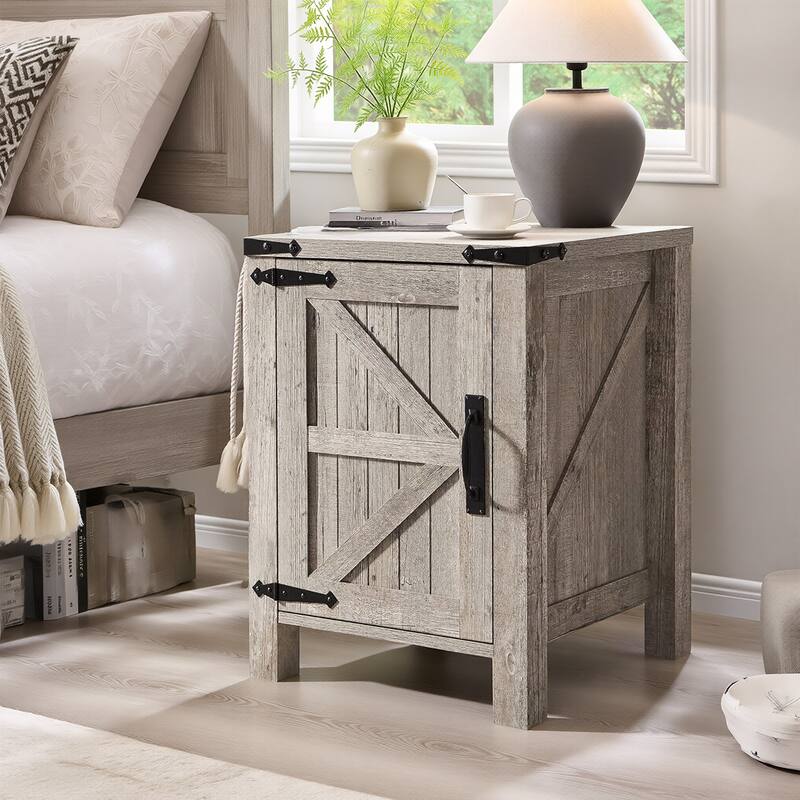 Farmhouse Wood Nightstand with Charging Station, End Table, Side Table - Light Rustic Oak