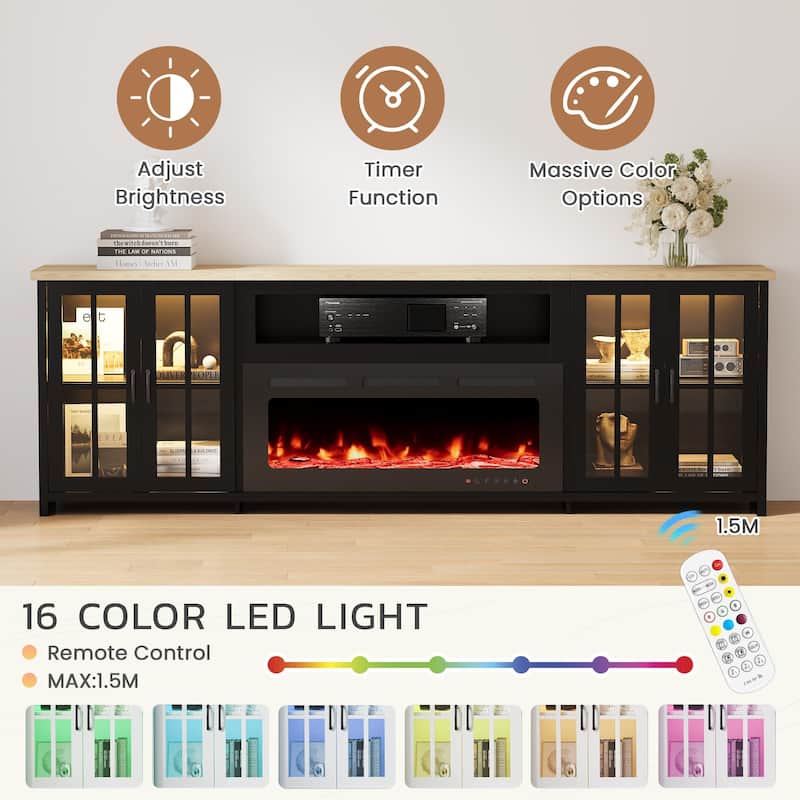 EROMMY 78"/ 97" Fireplace TV Stand with Electric Fireplace, Farmhouse Media Console with LED Lights, Glass Doors