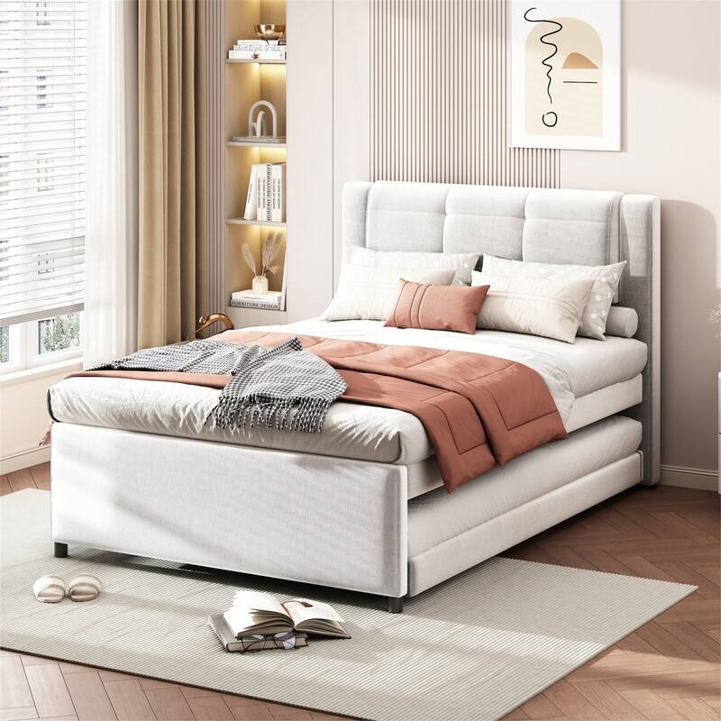 Full Size Upholstered Platform Bed with Pull-Out Trundle, Modern Bed Frame with Headboard, Trundle can be flat or erected