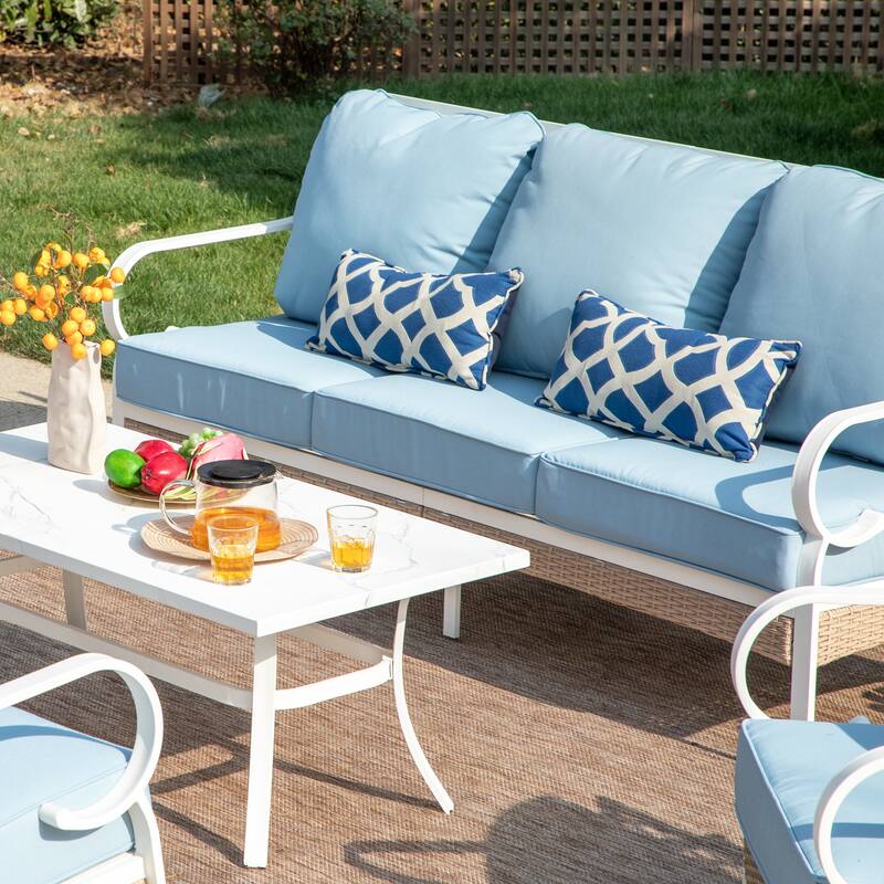 MAISON ARTS 7-Seat Patio Conversation Set, 2/4 x Cushioned Metal Chair, 1 x 2-Seat Sofa,1 x 3-Seat Sofa with Coffee Table
