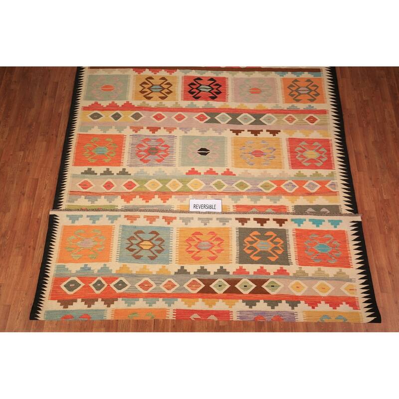 Reversible Geometric Multi-Color Kilim Area Rug Hand-Woven Wool Carpet - 7'11" x 11'2"