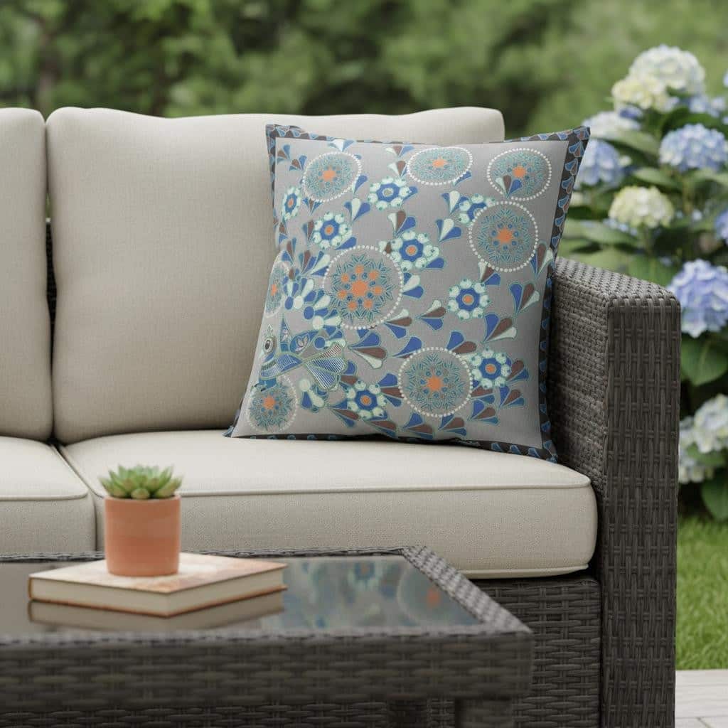 HomeRoots 20" x 20" Black and Gray Blown Seam Floral Indoor Outdoor Throw Pillow - 20.00' X '5.00' X '20.00