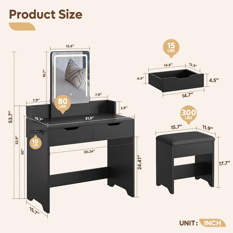 Bestier Vanity Set with Mirror and Lights,Vanity Desk with Drawers,Makeup Table with Light Modes & Hair Dryer Holde