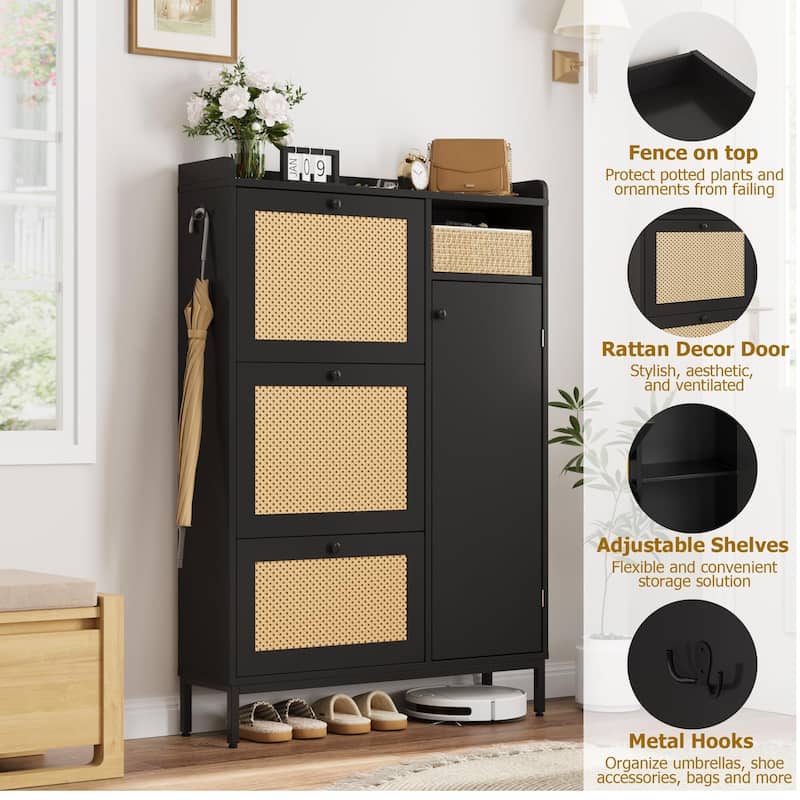 Rattan Shoe Storage Cabinet with 3 Flip Drawers - 3 Flip Drawers