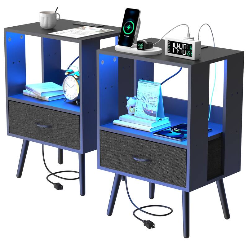 2 Pack Modern Nightstand with Charging Station, Bedside Tables with LED Light and Fabric Drawers