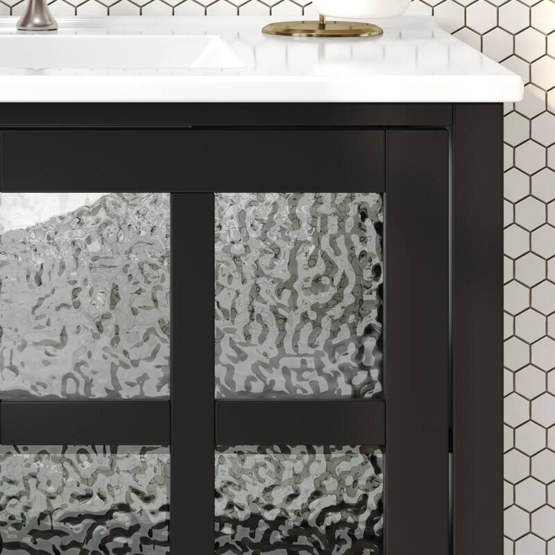 36" Bathroom Vanity with Ceramic Sink, Adjustable Shelf and Open Shelf with Wood Legs, Metal Knobs and Soft Close Hinges Design