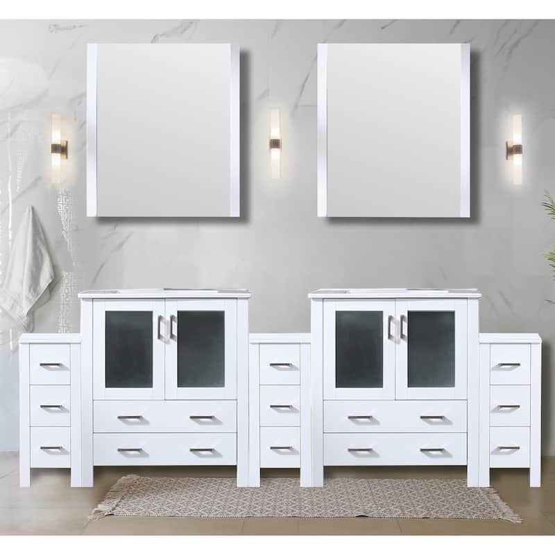 96" Navy Blue Double Vanity with White Ceramic Countertop, Side Cabinets, 2 Interior Cabinets, and 13 Drawers