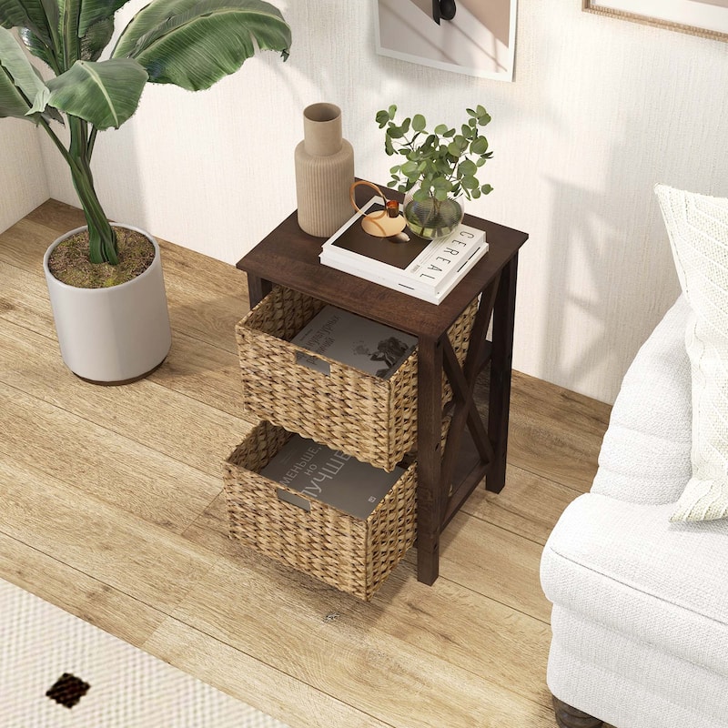 Costway 1/2 PCS 2-Tier Nightstand with 2 Seagrass Baskets Rubber Wood