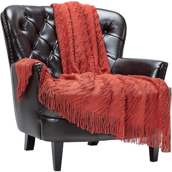 Rust Throw Blanket with Tassels Acrylic Knitted Super Soft Bed Bath